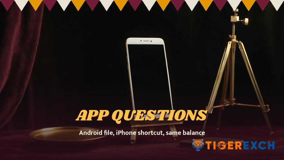 App questions poster, android file, iphone shortcut, same balance, over a still life of a black smartphone propped on a small brass easel on a maroon drum table