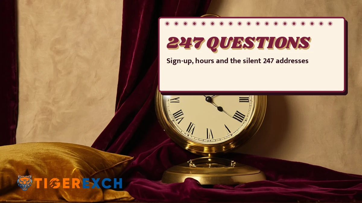 247 questions poster, sign-up, hours and the silent 247 addresses, over a still life of a brass wall clock with a cream face and saffron hands on a maroon tent wall