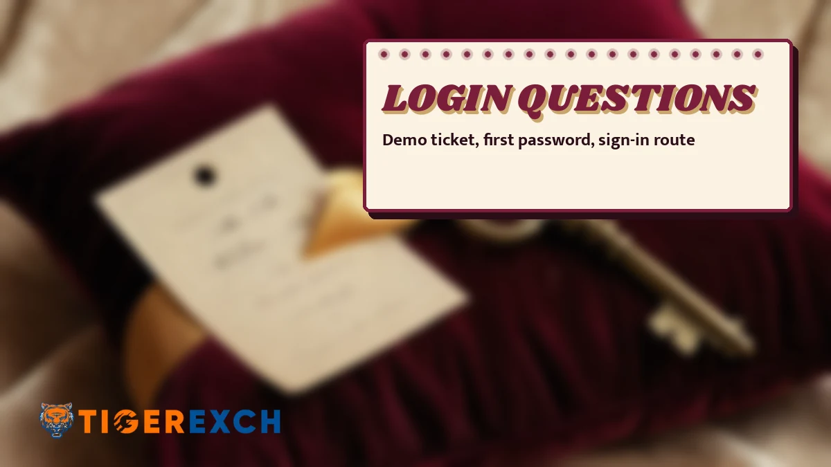 Login questions poster, demo ticket, first password, sign-in route, over a still life of a brass door key on a maroon velvet cushion beside a cream ticket stub tied with