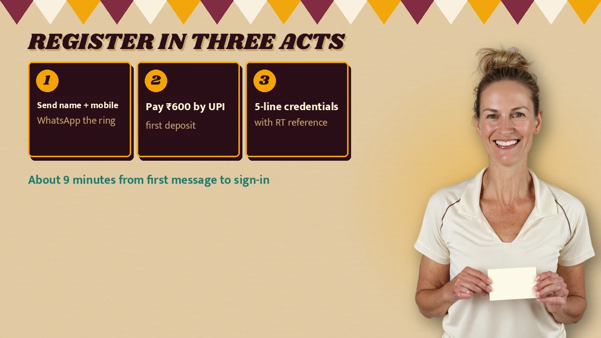 Register in three acts poster listing Send name + mobile (WhatsApp the ring), Pay ₹600 by UPI (first deposit), 5-line credentials (with RT reference), footnote About 9