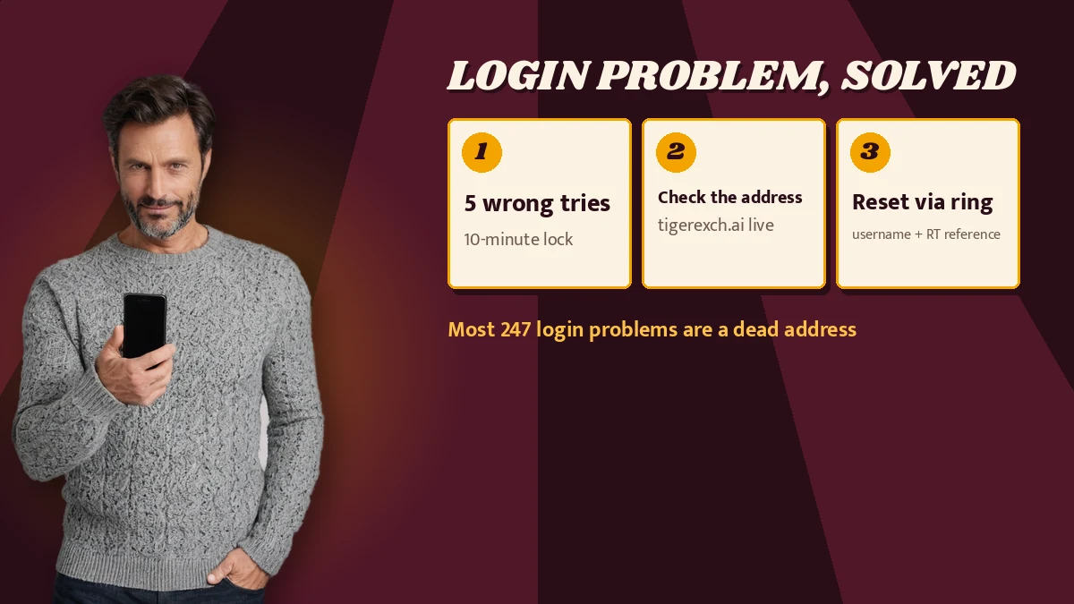 Login problem, solved poster listing 5 wrong tries (10-minute lock), Check the address (tigerexch.ai live), Reset via ring (username + RT reference), footnote Most 247