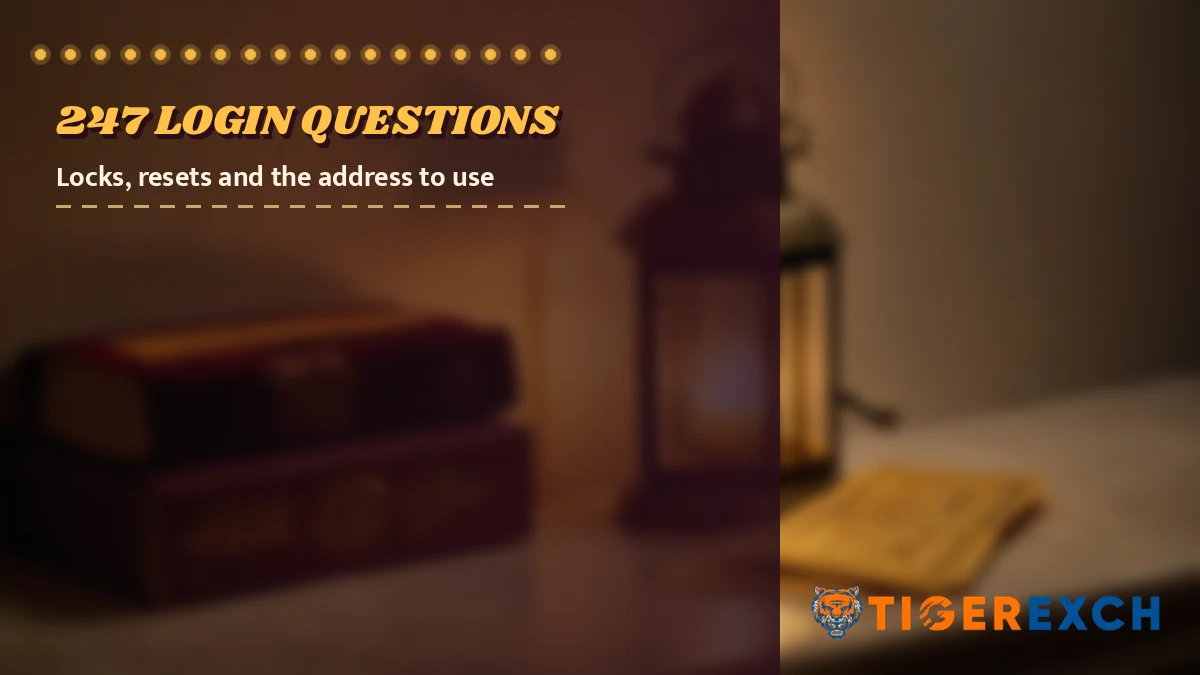 247 login questions poster, locks, resets and the address to use, over a still life of a brass lantern glowing on a cream counter beside a roll of cream paper tickets at