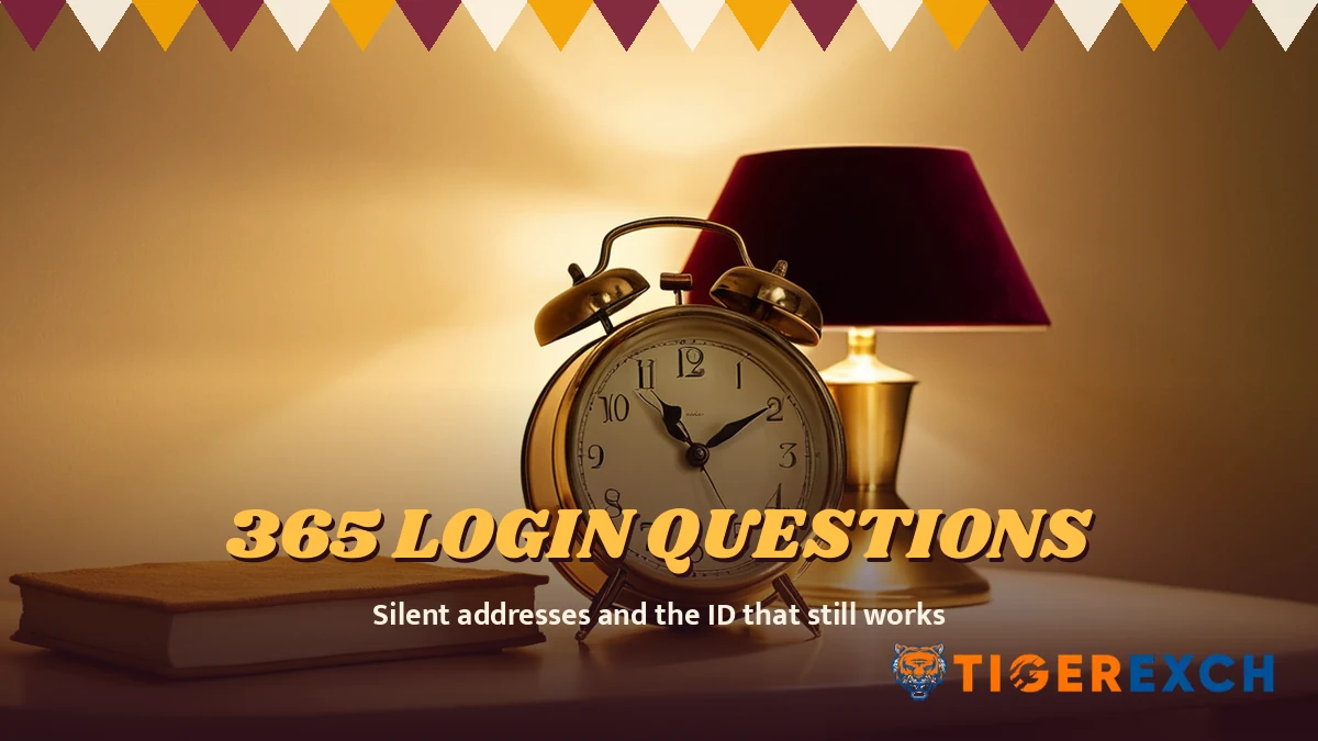 365 login questions poster, silent addresses and the id that still works, over a still life of a brass alarm clock with a blank cream face and no numerals on a cream