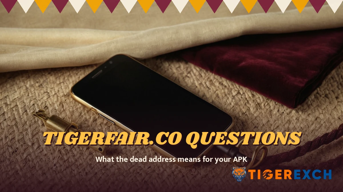 Tigerfair.co questions poster, what the dead address means for your apk, over a still life of a black smartphone face up on a cream canvas table beside a coil of hemp