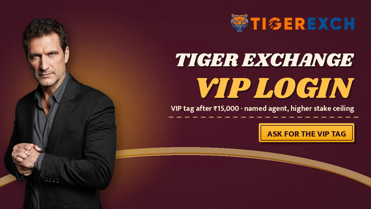 Tiger Exchange vip login poster with the line VIP tag after ₹15,000 · named agent, higher stake ceiling and a ask for the vip tag ribbon, ringarc big-top backdrop, man